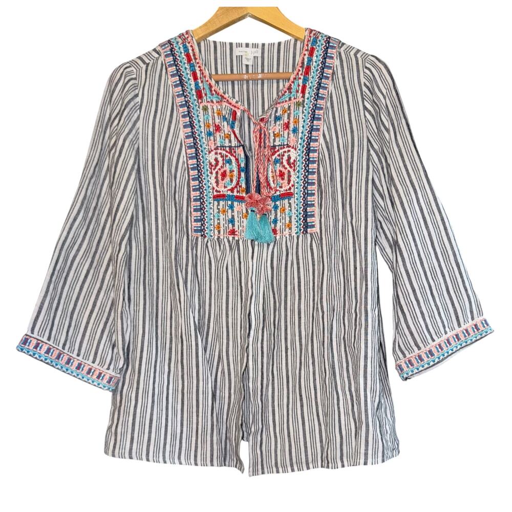 J Jill Linen Embroidered Boho Hook & Eye Peasant Top Women's XS Relaxed Costal